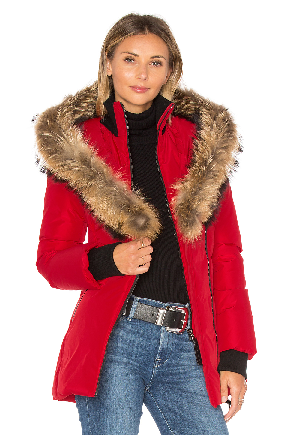 mackage adali 亚洲浣熊皮大衣 – red | revolve