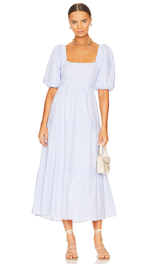 MINKPINK Milani Tiered Midi Dress in Blue & White | REVOLVE