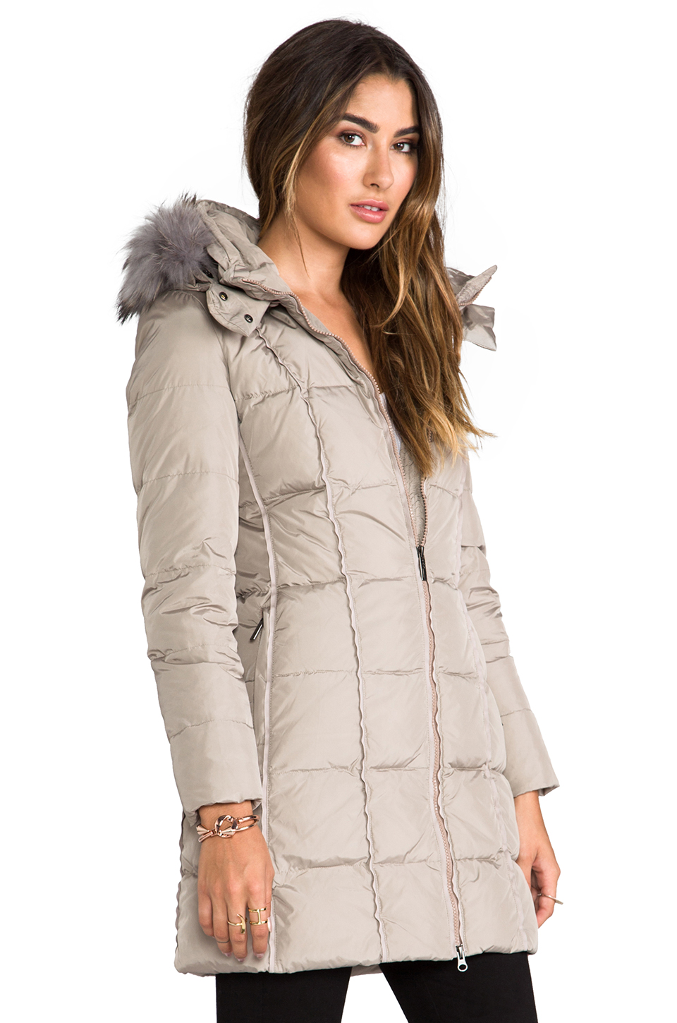add down coat with hood and fur – beige