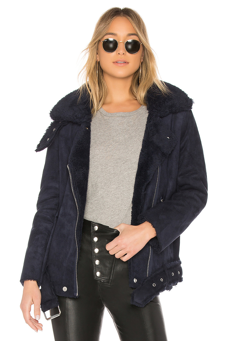 faux shearling biker jacket in navy in navy $heartscreenm