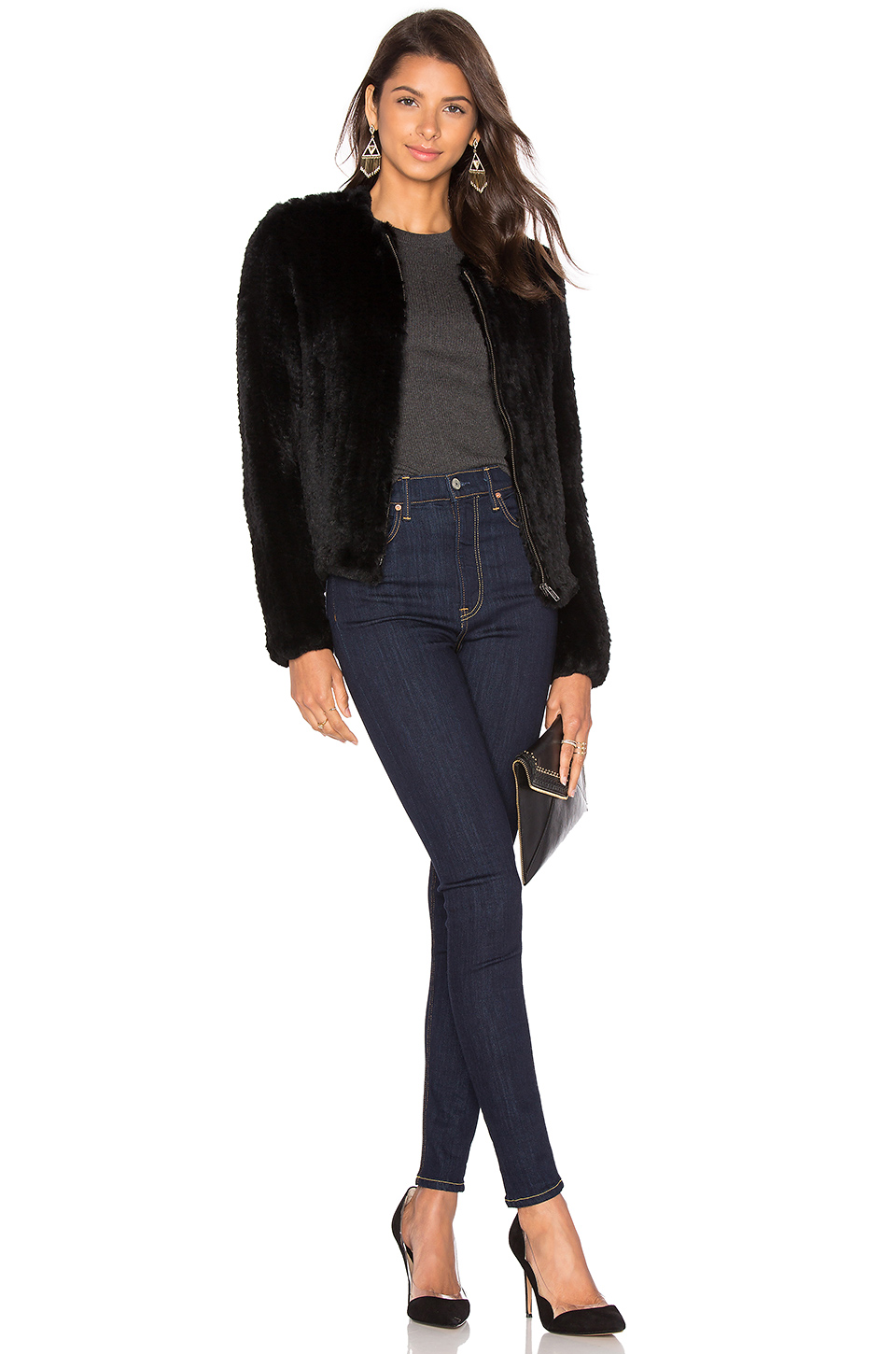 june 拉链兔皮针织夹克 – black | revolve