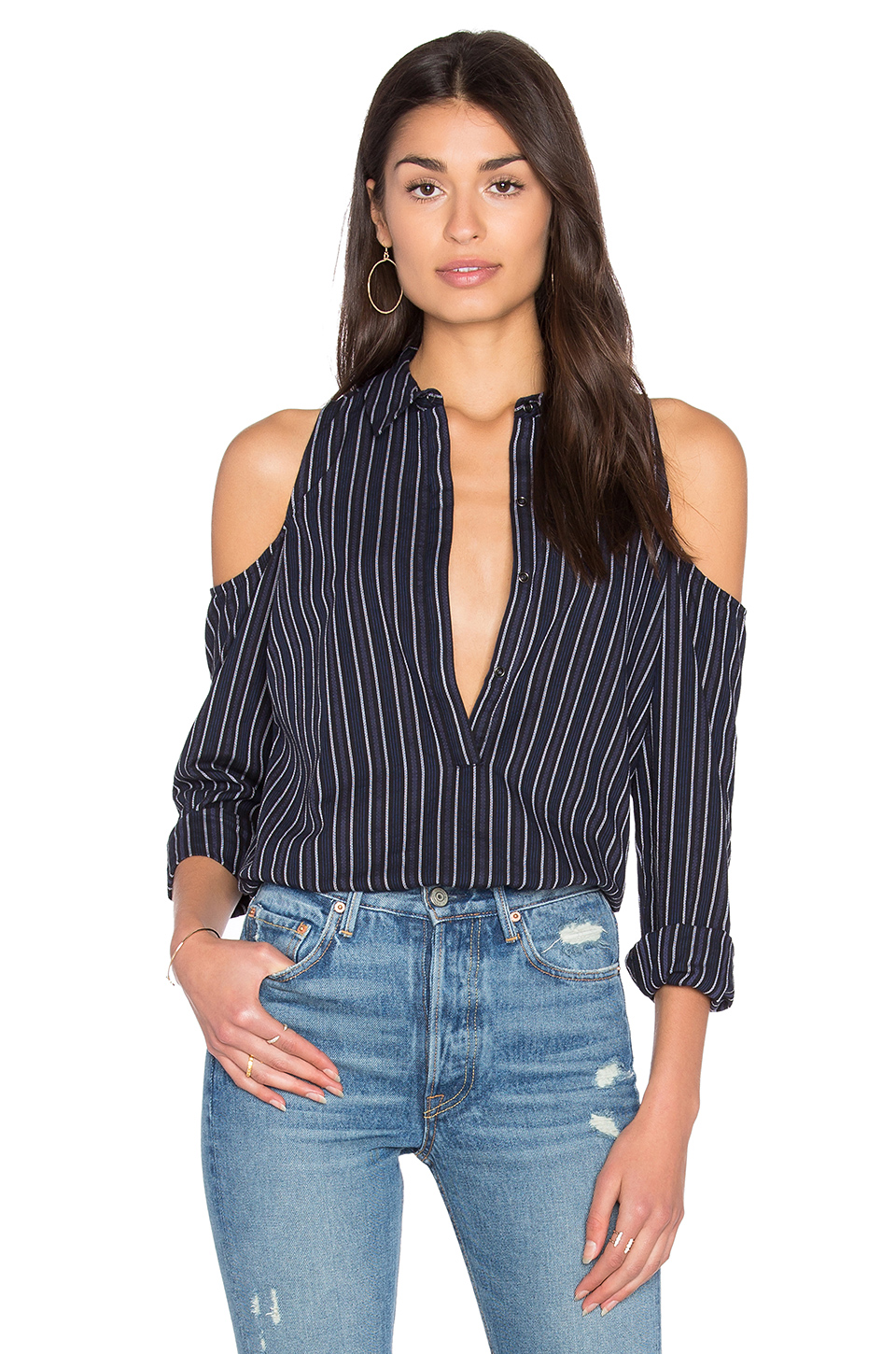 dobby 条纹露肩衬衫