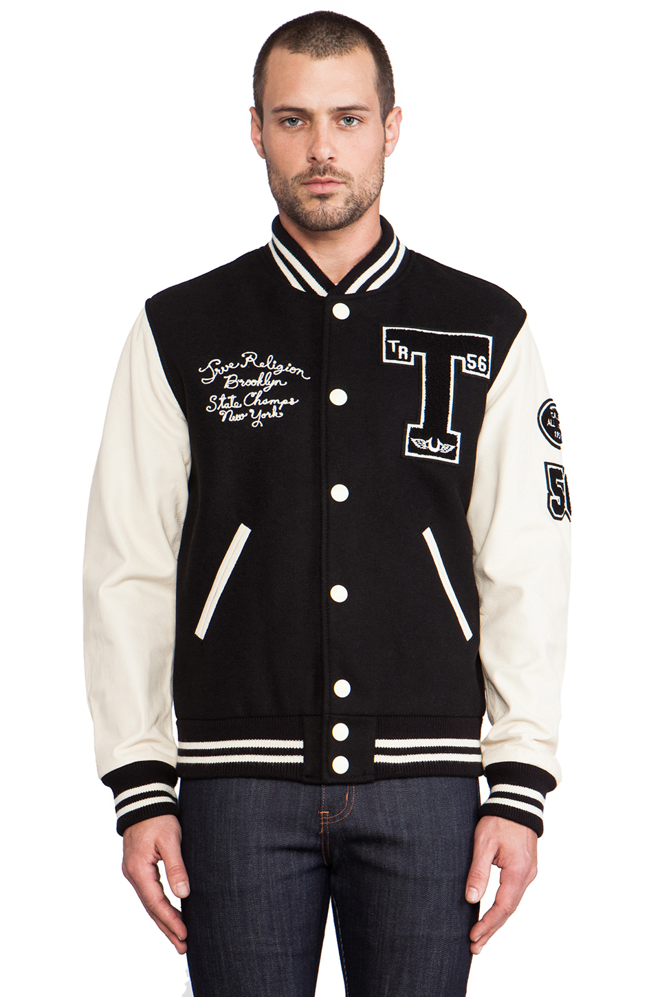 true religion richie letterman jacket – 黑色 | revolve